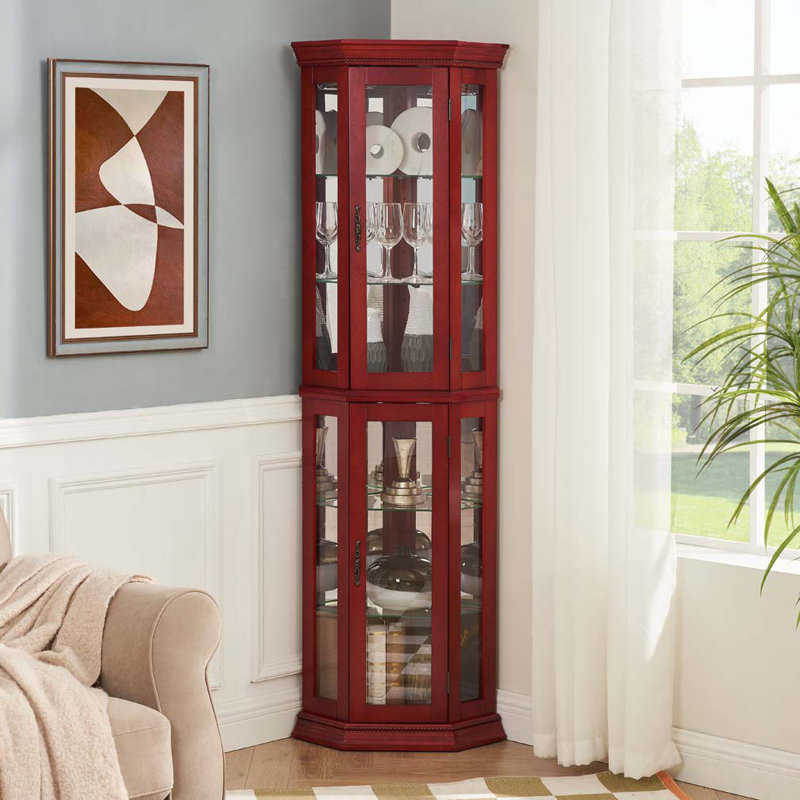 Corner Display With Adjustable Glass Shelf Shelving, Glass Door, Cherry, 69.49” H x 15.35” W x 15.35” D, Yes