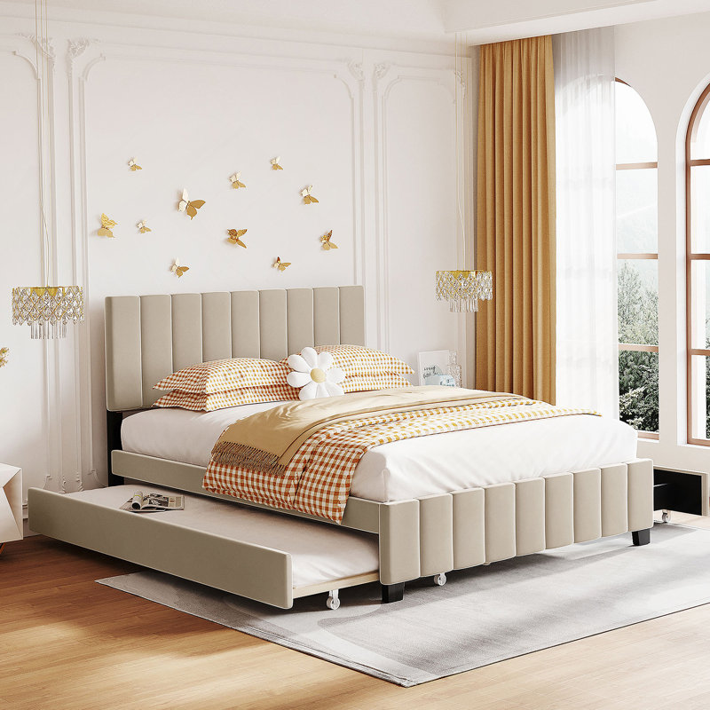 Grand lit plateforme tapissier en velours avec 2 tiroirs et 1 lit gigogne simple TG - beige