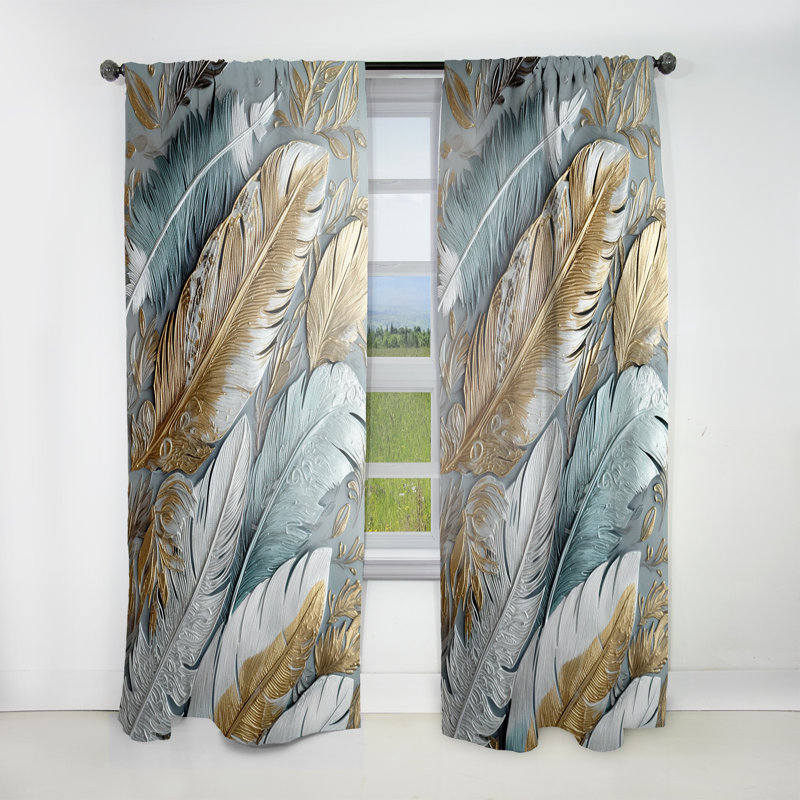 Gold Gilded Feathers V - Modern Curtain - Velvet Room Darkening - 1 panel, 52" W x 84" L