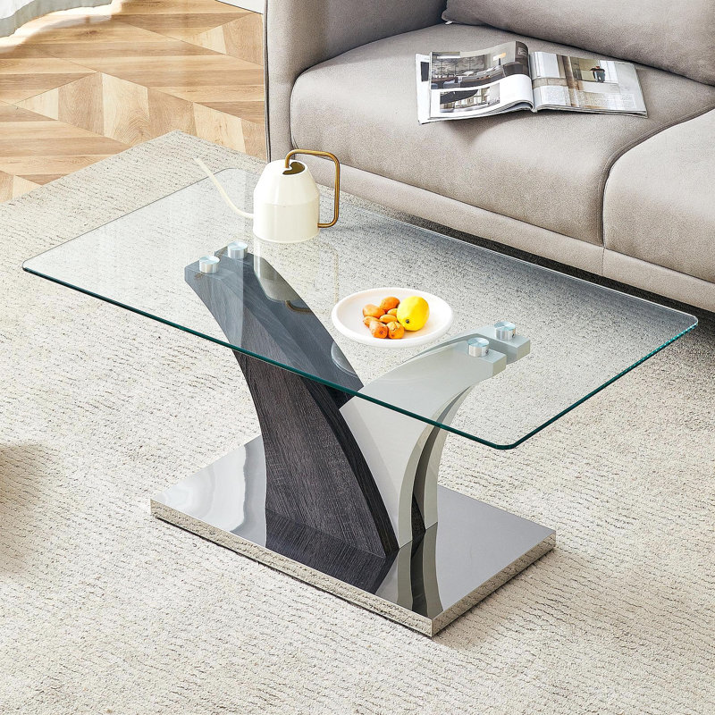 Table basse rectangulaire. Comptoir en verre trempé et pieds en panneau de fibres à densité moyenne artistiques, parfaits pour les dîners, les conférences, la maison et les décorations de bureau. Blanc et gris, table de salle à manger, table à thé, table basse.