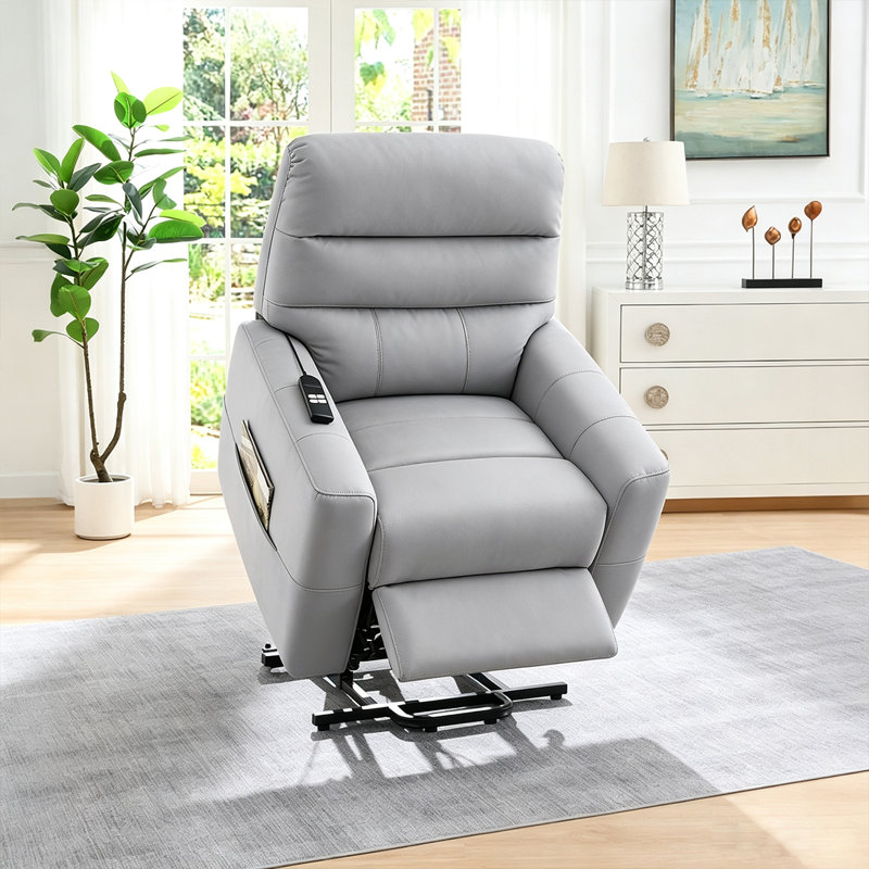 Fauteuil inclinable électrique moderne en similicuir gris pâle avec fonction releveur, inclinaison à 180°, télécommande et poche de rangement latérale
