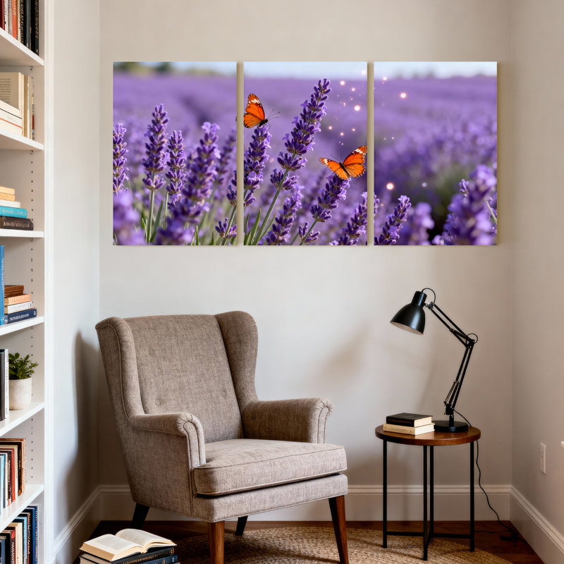 Ensemble de 3 tableaux sur toile représentant un champ de lavande avec des papillons, H 30 po x l 60 po