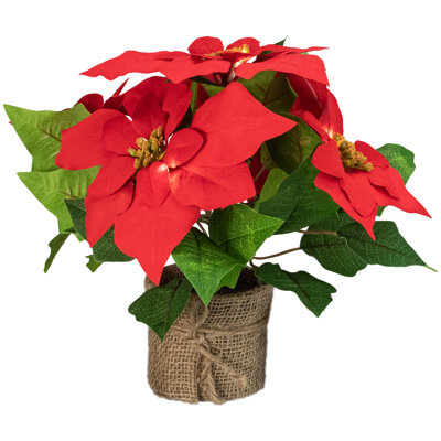 11-Inch LED Artificial Red Poinsettia Potted Plant With Burlap Base- Clear Lights