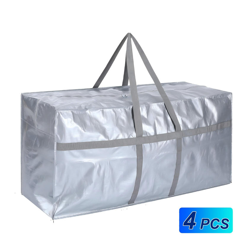 Extra Large 57 Gallon Heavy Duty Moving and Storage Bags, XXL Jumbo Foldable Tote with Strong Zipper and Handles for Dorm, Travel, Clothes, Blankets, Pillows, 4 Pack， (Silver)
