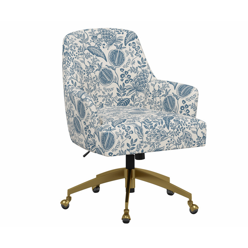 Yvette Office Chair With Base, Rpc Pomegranate Blue Linen, Brushed Gold