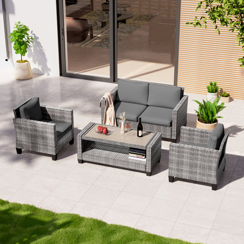 4 Piece Patio Conversation Set, Loveseat Sofa with Coffee Table, Gray, Gray
