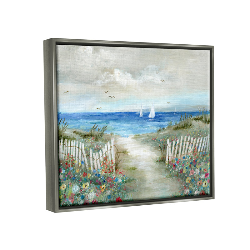 Tranquil Beachside Flower Meadow Ocean Sail Sailers par Nan - peinture sur toile à cadre flottant, Cadre flottant gris lustré