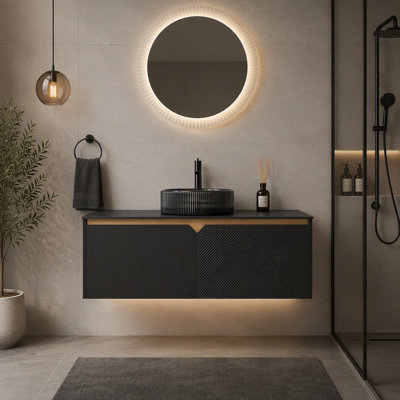 Meuble-lavabo suspendu de 122 cm (48 po) en contreplaqué avec lavabo rond en verre, portes doubles en sergé et garniture métallique, comptoir en pierre frittée noire, noir
