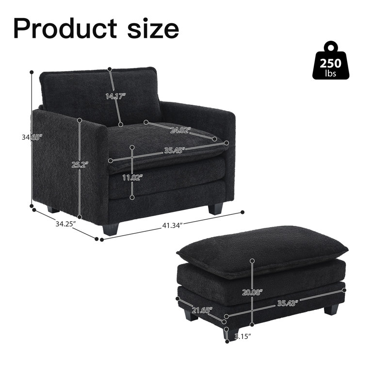 Fauteuil d'appoint rembourré avec repose-pieds Redenius Boucle, Mélange de polyester noir
