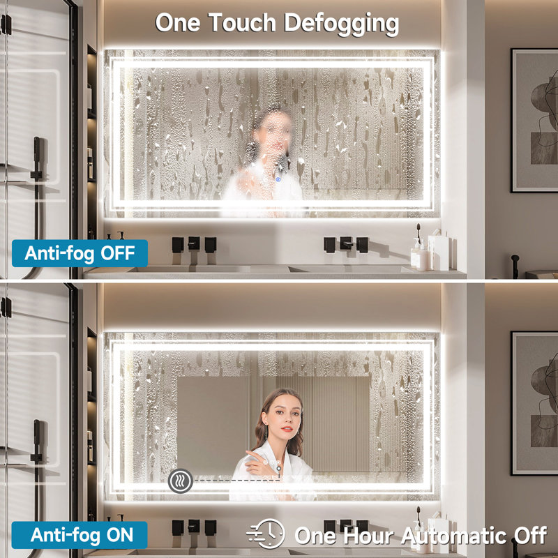 Miroir de salle de bain à DEL en verre trempé à intensité variable de 60 po Omarri, 36 po x 60 po