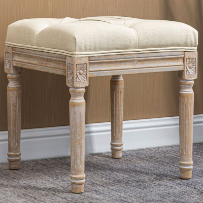 16" Vintage Ottoman, Tufted Foot Stool With Upholstered Seat, Rustic Wood Legs For Bedroom, Living Room, Beige