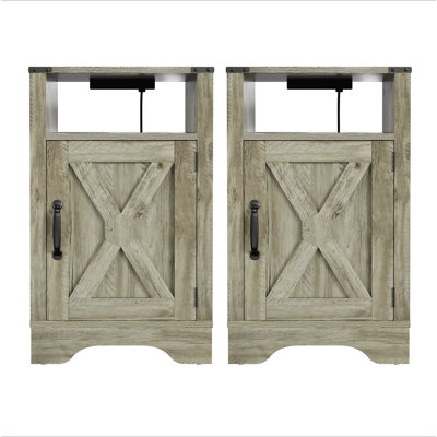 Table de chevet Farmhouse, table de bout rustique en bois, table de chevet haute avec prises de courant (2 ensembles)