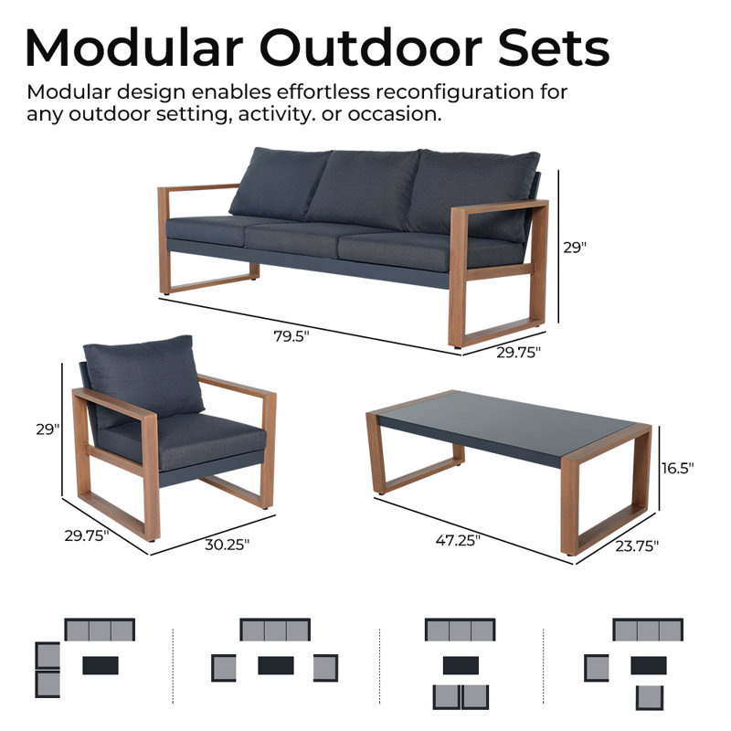 Arunas 5 Person Outdoor Conversation Furniture Set Seating Group with Wood Pattern and Cushions