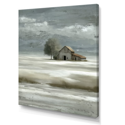 «White Grey Farmhouse In Winter Countryside Landscape - Barn Farm Ranch Wall Art Decor, White Farmhouse, reproduction sur toile
