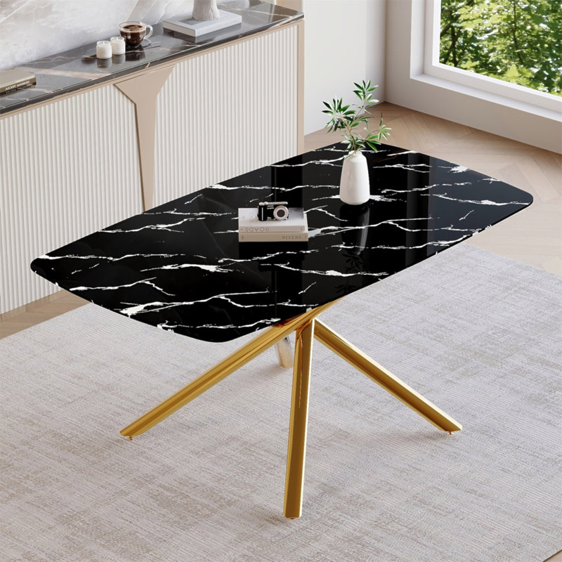 63"x35.4" Luxurious Black Marble-Patterned Tempered Glass Dining Table.Single Fork Golden Metal Table Legs.Tempered Glass Table Top,Golden Metal Leg.Adaptable To Various Decoration Styles.W1151S03298