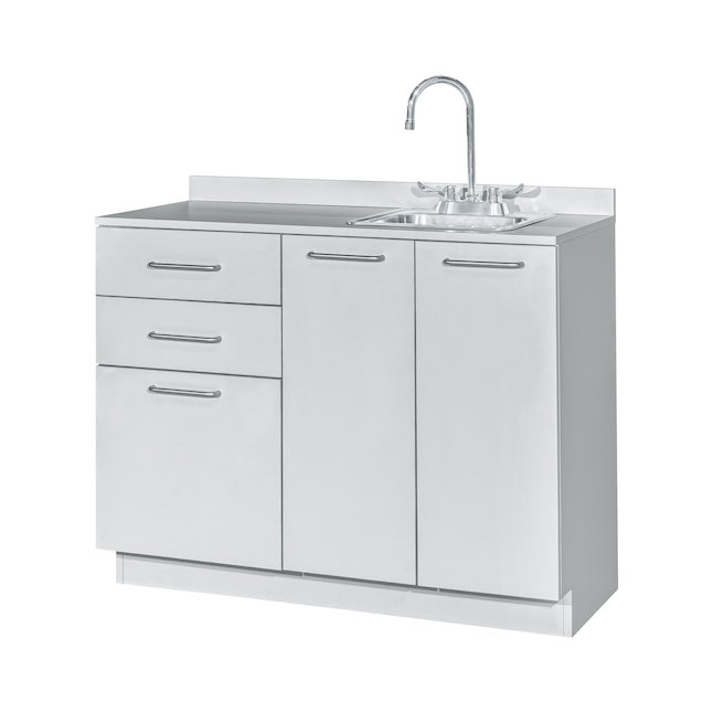 Armoire de rangement pour salle d'examen, 36,75 po H x 42 po L, avec lavabo à droite, 2 portes, 2 étagères réglables et 3 tiroirs