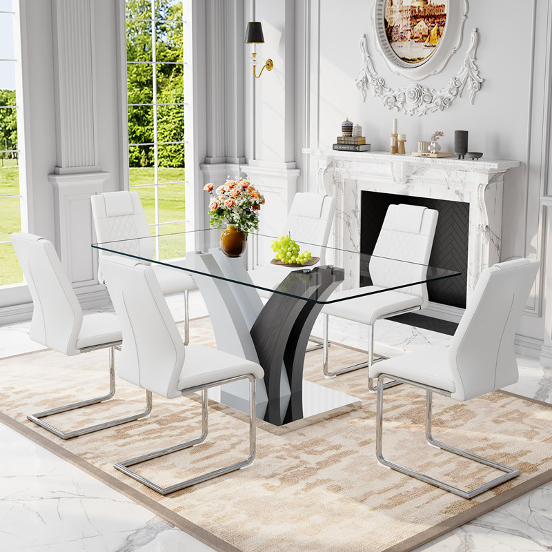 Ensemble de table de salle à manger 71 "avec plateau en verre, 7 pièces : table, 6 chaises, Blanc
