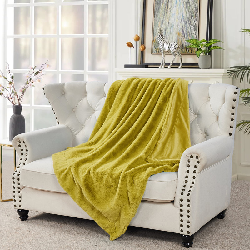 Knitted Throw Blanket, Lemon Curry, 152.4cm W x 203.2cm L