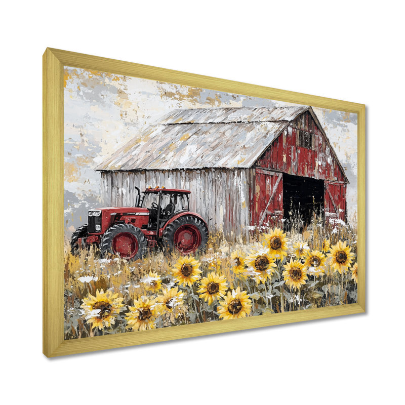 Winter Sunflowers And The Tractor Shed - Sunflowers, reproduction d'art sur toile encadrée, H 34 po x l 44 po, Doré