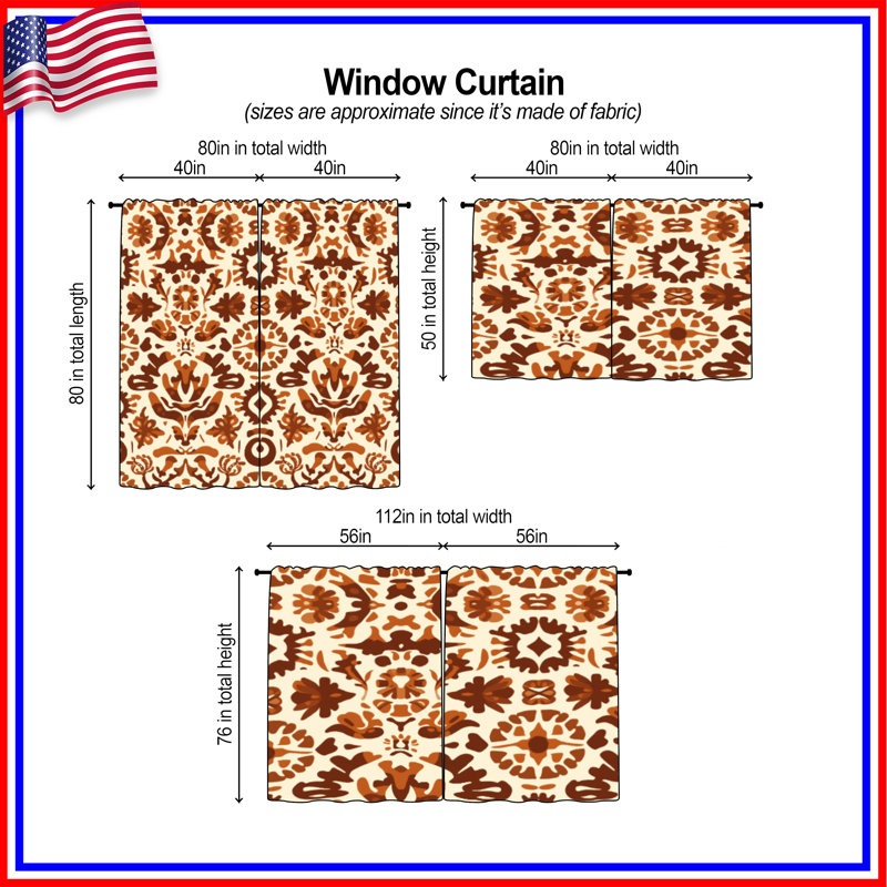Ornement de rideau de fenêtre brun à motif ornemental transparent et obscurcissant - 2 panneaux, 40in x 52in - 2 panels