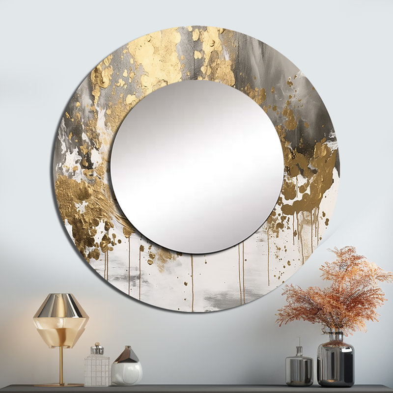 Modern Golden Drip - Abstract Mirror, Modern Unique Wall Mirror, Printed Metal Art, 29" x 29", Round