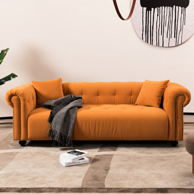 Retro Medieval Style Orange With 2 Pillows - Solid Wood Frame And Legs Ergonomic Back Seat 89.52*37.22*29.22inch Cloth Easy To Clean