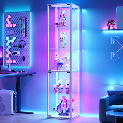67" H Rotatable Full Tempered Glass Display Cabinet, Lighted Curio Cabinet with Adjustable Shelves & Human Body Sensor