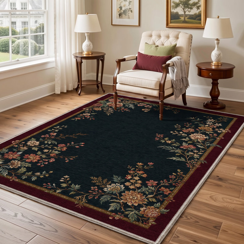 Tapis à motifs floraux turquoise et rouge, lavable à la machine, avec envers antidérapant, Rectangle 5 pi x 7 pi
