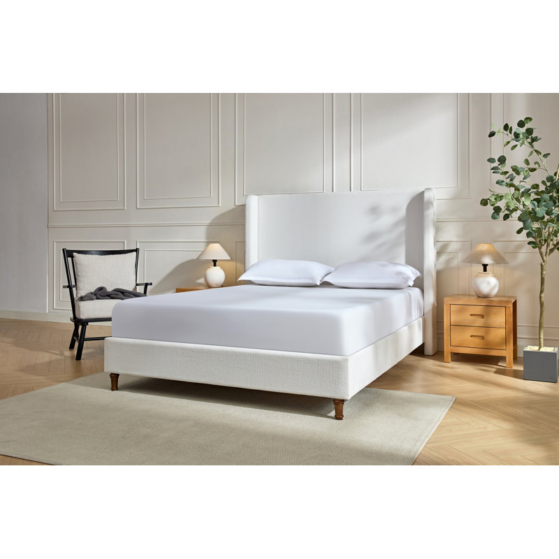 Grand lit tapissier Harper avec tête de lit haute de 54 pouces, simplicité élégante, aucun sommier nécessaire, assemblage facile, très grand lit, chenille blanc crème