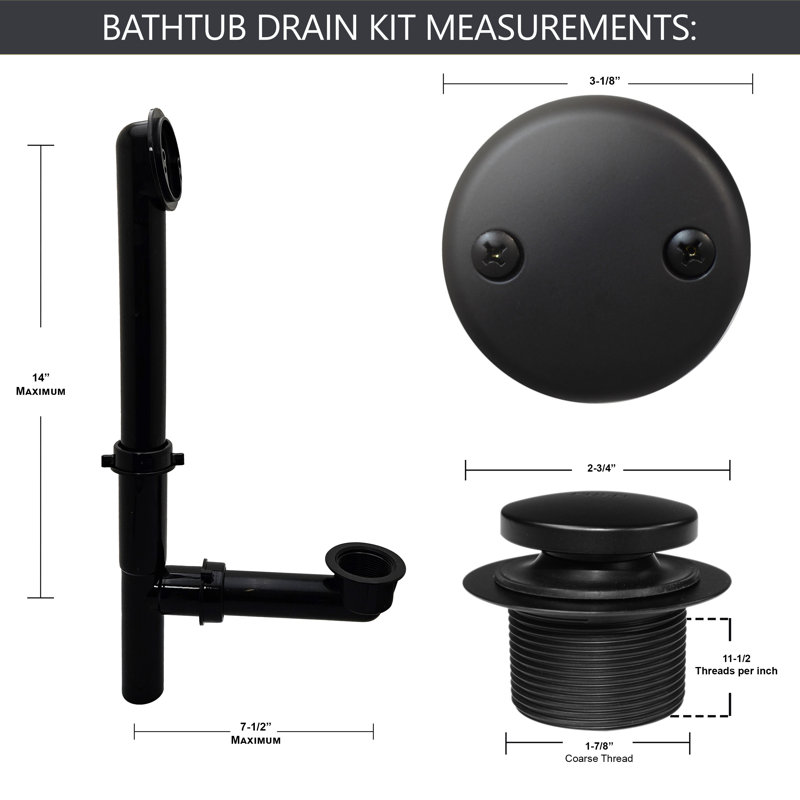 Ensemble de drain de baignoire 14 po en polypropylène noir avec trop-plein à 2 trous, Noir mat