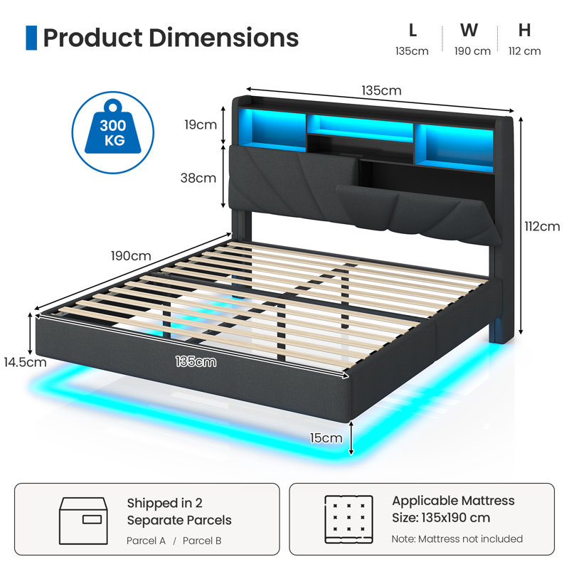 Floating Bed Frame with Charging Station, LED Lights and Upholstered Headboard for Bedroom, Modern Floating Beds with Hidden Storage Compartment, No Box Spring Needed
