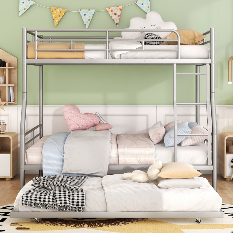Full XL Over Queen Metal Bunk Bed With Trundle, Silver, Silver, Full XL over Queen