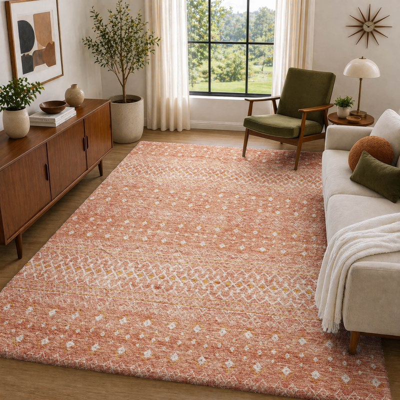 Tapis bohème ADS709 de qualité supérieure lavable à la machine, Saumon, 10 pi x 14 pi