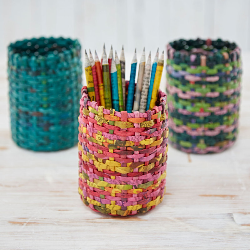 Round Recycled Newspaper Pencil Holder, Red/Pink/Yellow