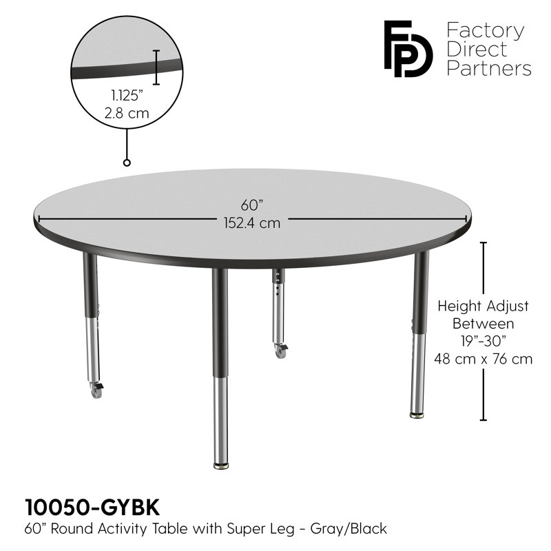 Table ronde à hauteur réglable, H 24 po x L 60 po x l 60 po, Gris / noir, Super