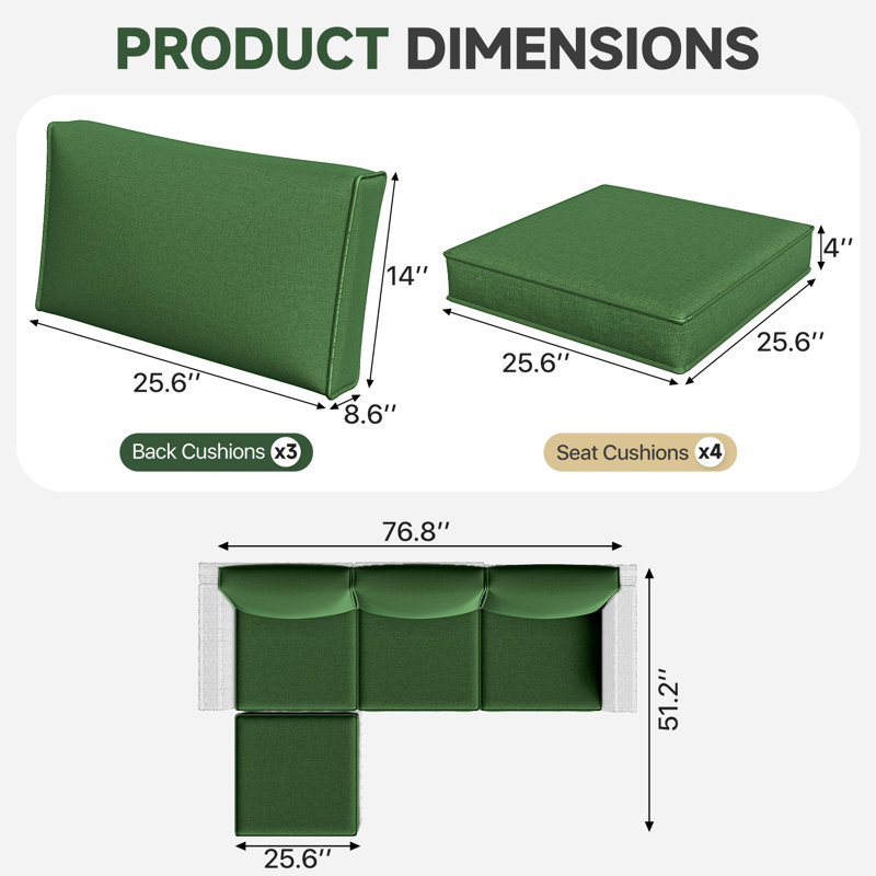7-pcs Patio Cushion Cover Replacements – 4" Thick Water-repellent For 4-seat Sectional Sofa, Green