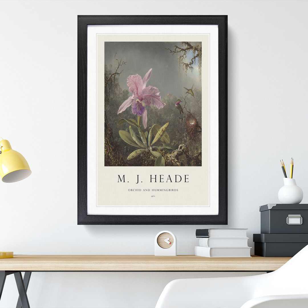 Cattleya Orchid and Hummingbirds by Martin Johnson Heade - Framed Print