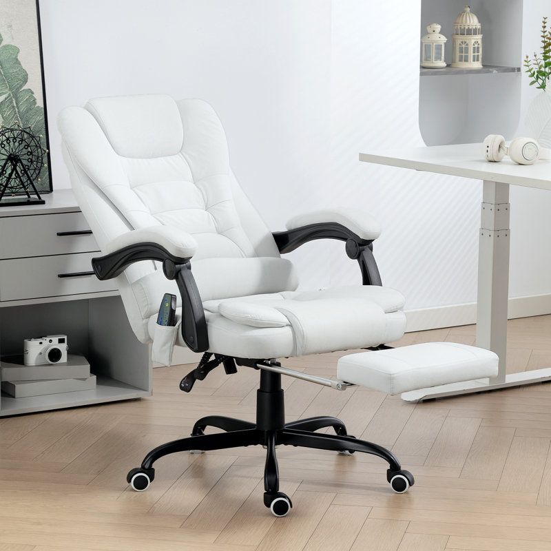 Fauteuil de bureau à massage à 7 points avec roues pivotantes et massage, blanc, Blanc
