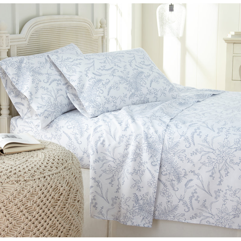 Winter Brush Floral Microfiber Sheet Set Easy Care and Wrinkle Resistant, California King, White/Blue Flowers