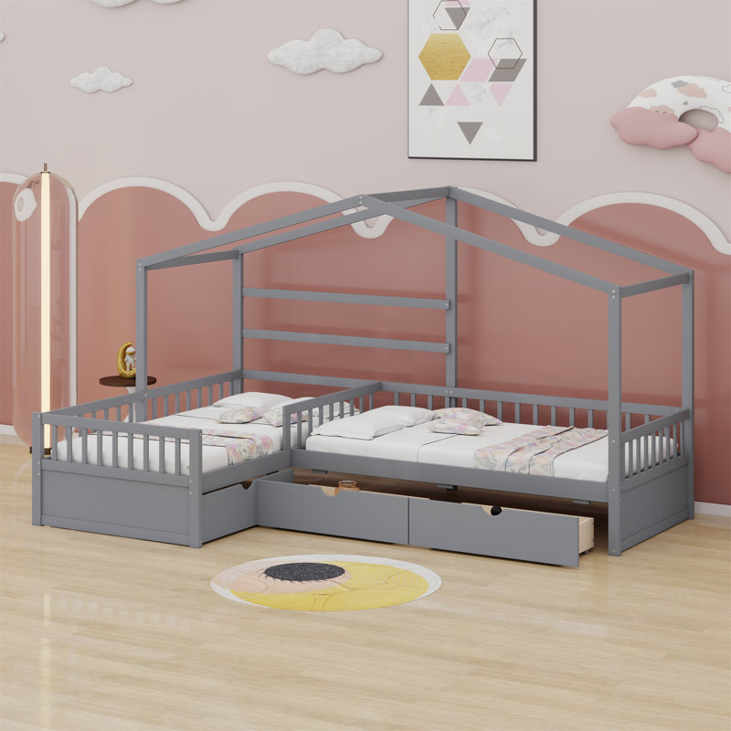 Lit plateforme House avec trois tiroirs de rangement, Gris