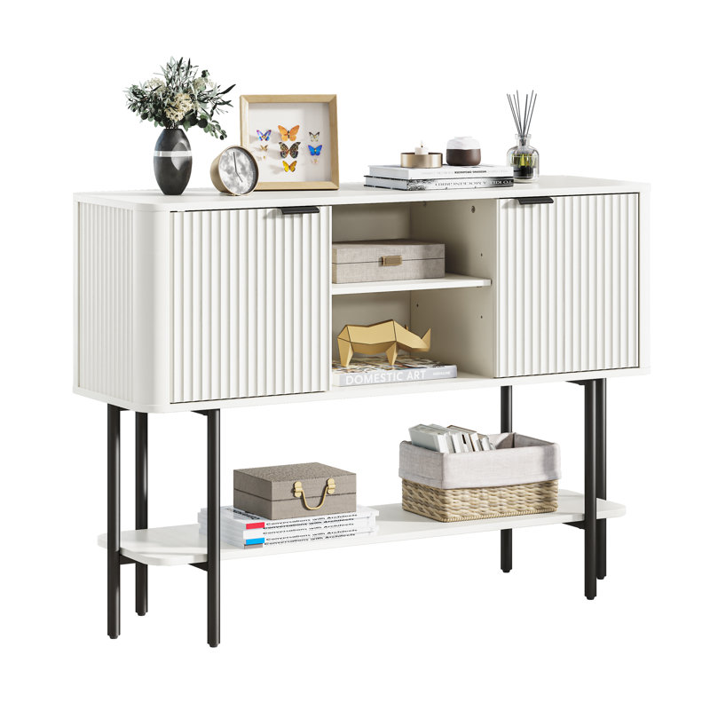 4-Piece Modern Stripe Living Room Table Set with Lift-Top Coffee Table, Charging End Tables & Entryway Console Table, White