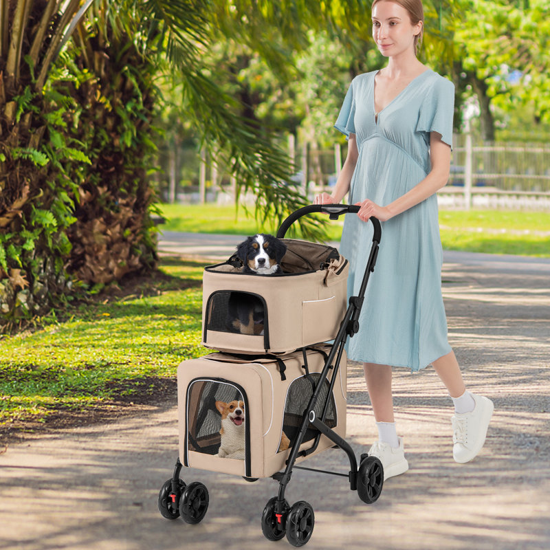Double Pet Stroller for 2 Dogs or Cats w/ 2 Detachable Carriers Safety Belt, Beige