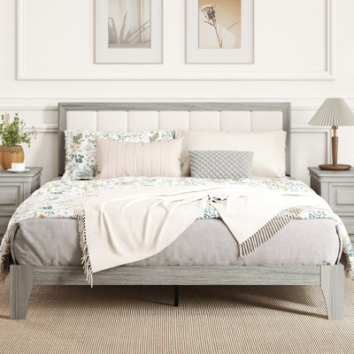 Queen Size Bed Frame with Upholstered Headboard, Platform Bed Frame with Wooden Slats, No Box Spring Needed, Easy Assembly, Grey