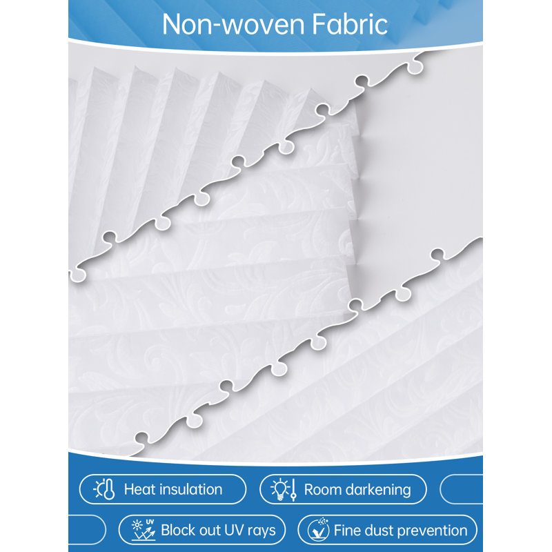 White Emboss Designed Cordless Pleated Paper Shades With Printed Flower Pattern, 35" W x 71" L