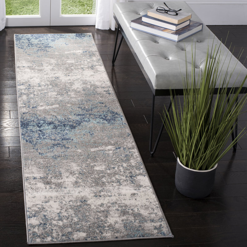 Tapis abstrait gris clair / bleu N'Keal, Tapis de couloir 2 pi x 14 pi, Light Grey/Blue