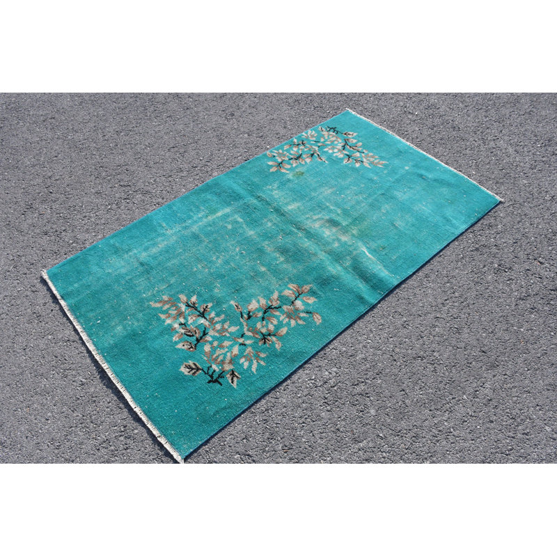Tapis Oushak rétro fait à la main en bleu vibrant - Design oriental turc authentique bleu / beige