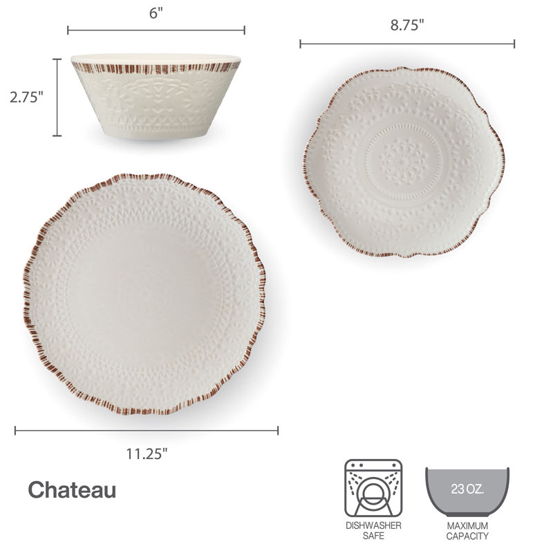 White Embossed Melamine Dinnerware Set, Service for 4