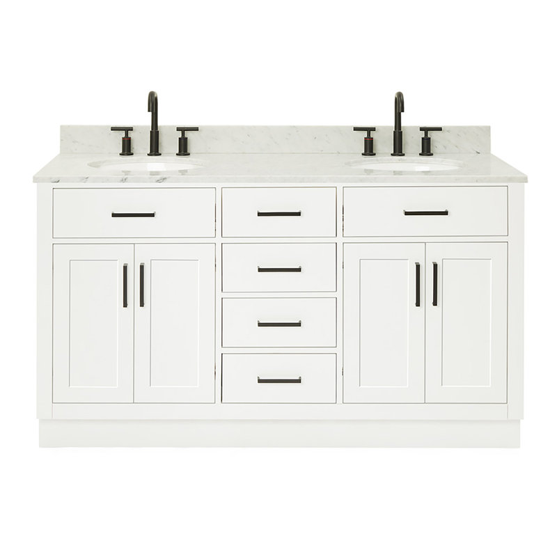 Jameal 60'' Solid Wood Double Bathroom Vanity with 0.75'' Carrara Marble Top Sinks, White, Oval