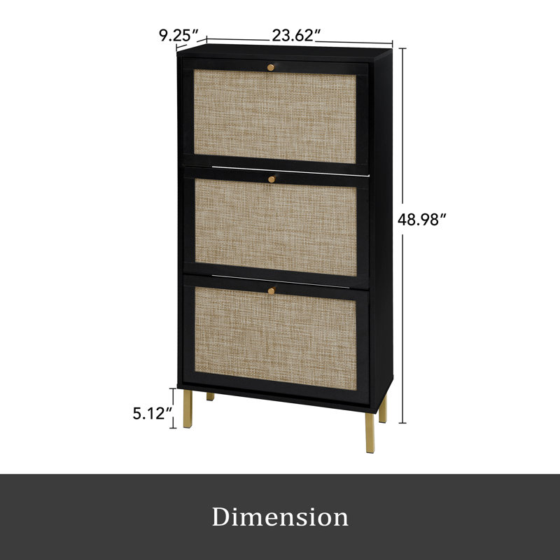 Rattan 3 Door Shoe Rack, Freestanding Modern Shoe Storage Cabinet, For Entryway, Black/Gold
