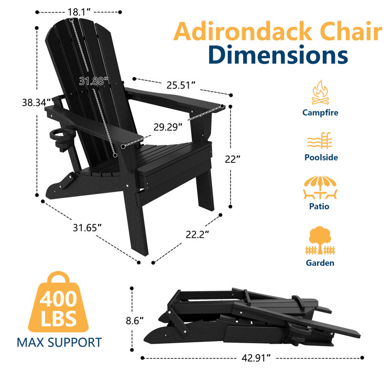 HDPE Folding Adirondack Chair with Cup Holder, Black, Black